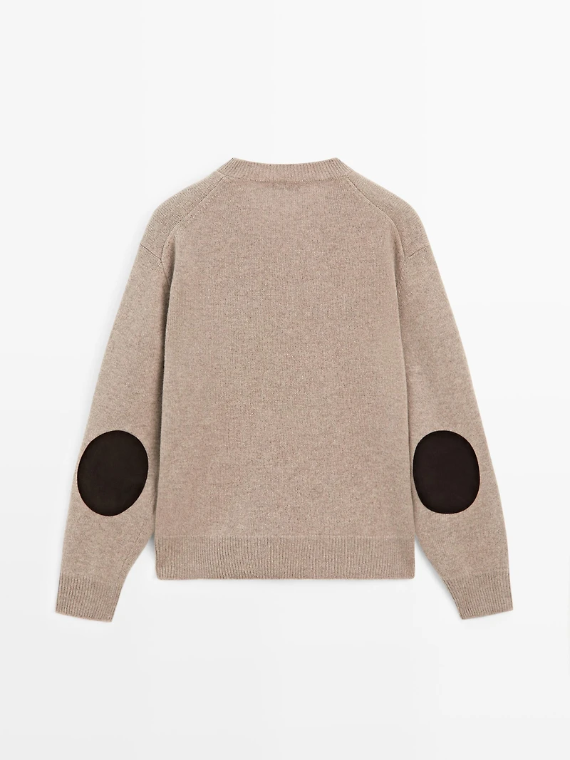 V-neck knit sweater with elbow patches