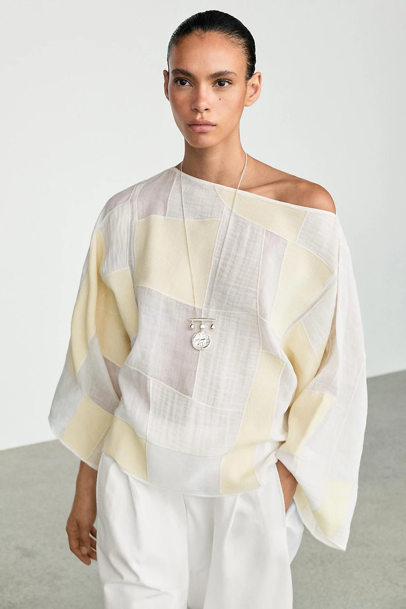 Blouse à col bateau imprimé patchwork