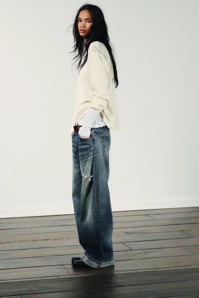 TRF MID-RISE RIPPED BAGGY FOLDED JEANS