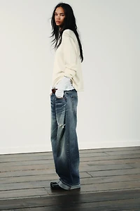 TRF MID-RISE RIPPED BAGGY FOLDED JEANS