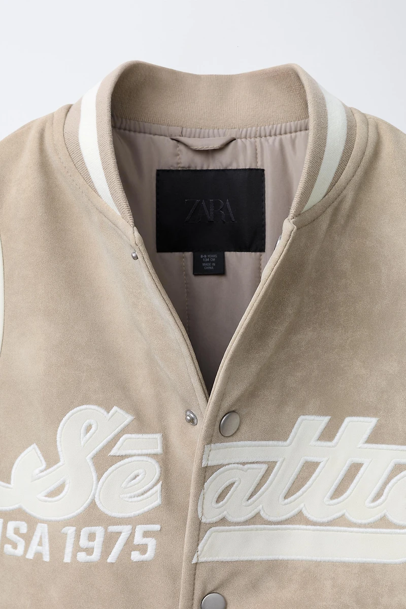 FAUX SUEDE TEXT BOMBER JACKET