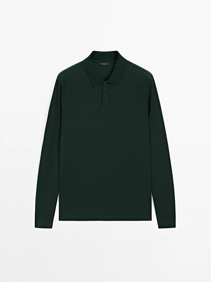 Long sleeve mercerised cotton piqué polo shirt