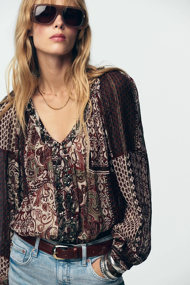 BLOUSE FANTAISIE IMPRIMÉE FIL MÉTALLISÉ