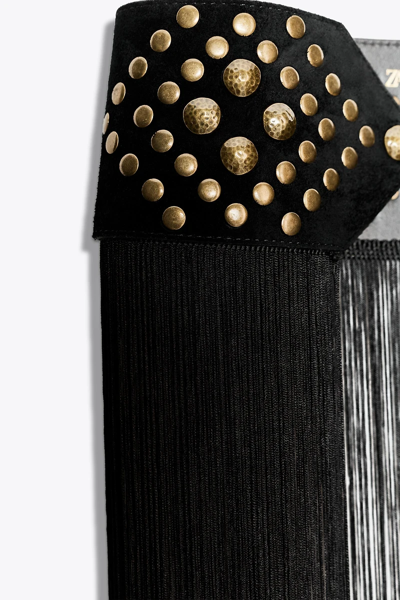 STUDDED FRINGED LEATHER CUMMERBUND BELT