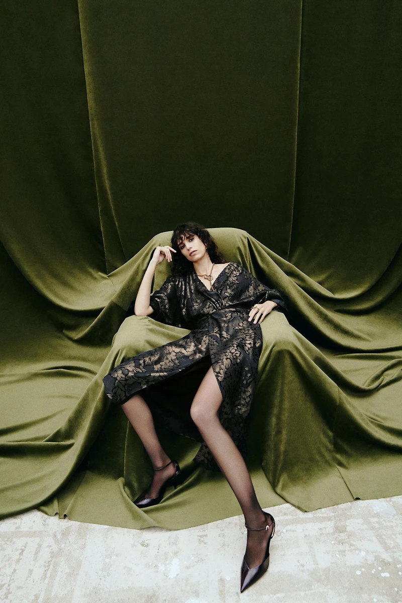 FOIL DRAPED MIDI DRESS