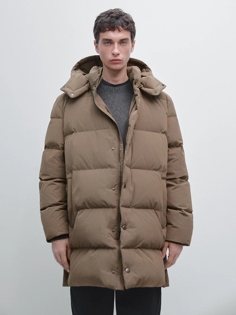 Long water-repellent down puffer jacket