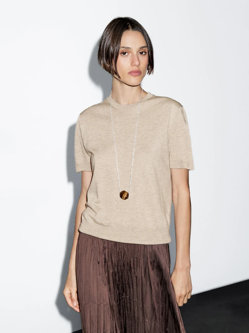 Short-sleeve wool blend knit sweater