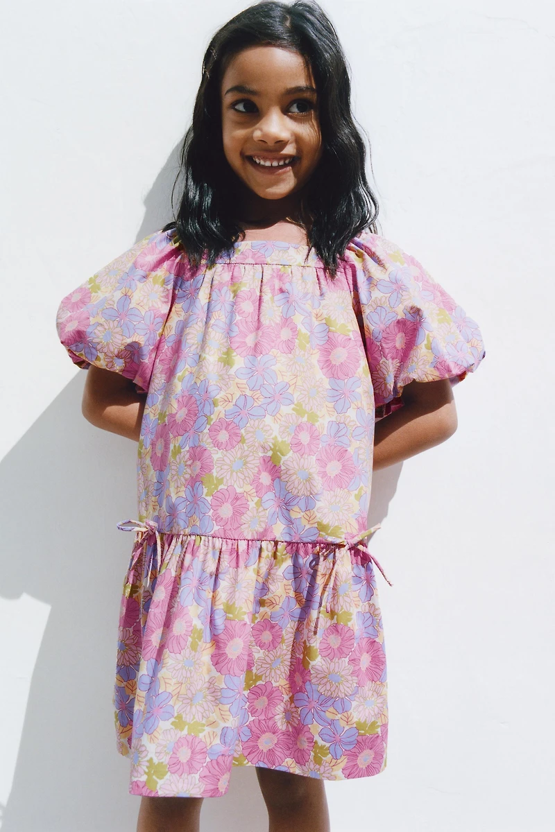 FLORAL POPLIN BALLOON SLEEVE DRESS