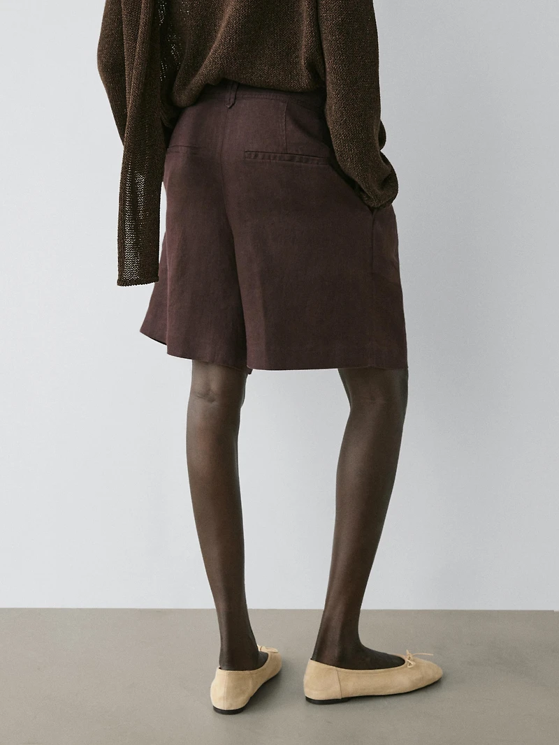 100% linen short pleated Bermuda shorts