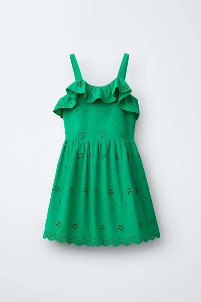 SCHIFFLY EMBROIDERED RUFFLE DRESS