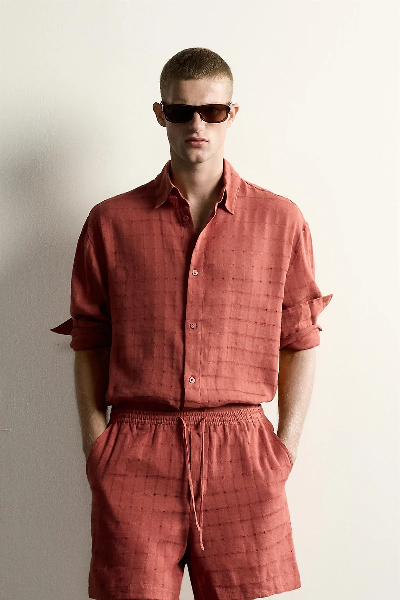 RELAXED FIT CHECKERED LINEN-COTTON JACQUARD SHIRT