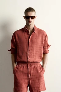 RELAXED FIT CHECKERED LINEN-COTTON JACQUARD SHIRT