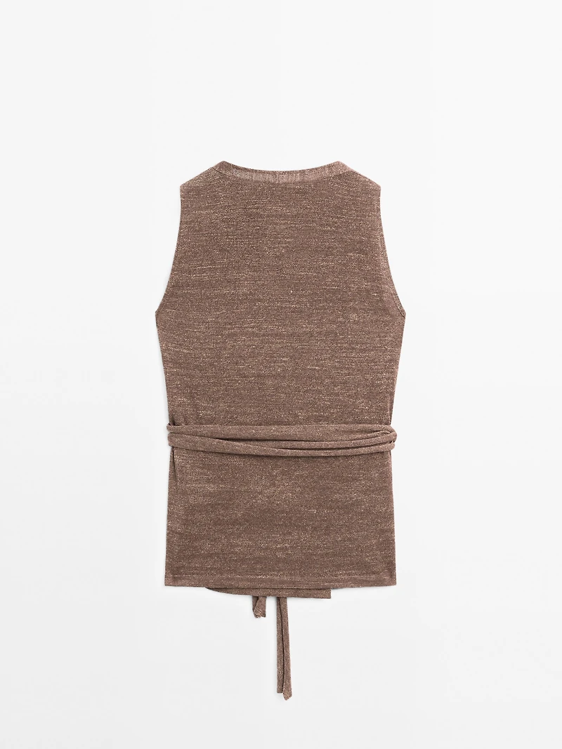Linen blend knit crossover top