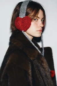 KNITTED HEART POMPOM EARMUFFS