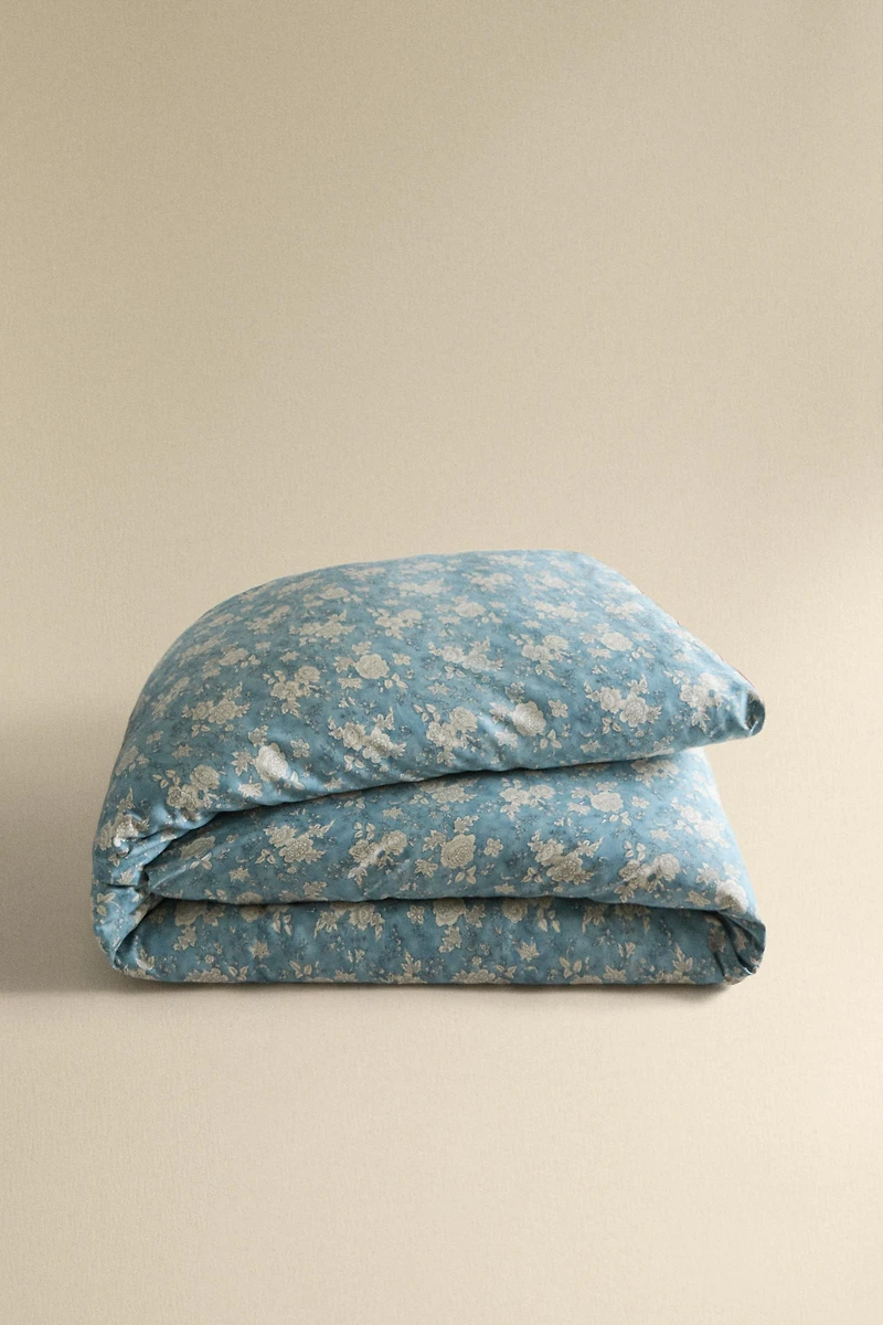 HOUSSE DE COUETTE SATIN FLEURS PASSEPOIL