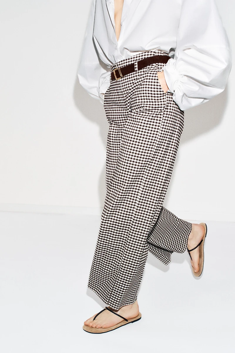GINGHAM BELTED STRAIGHT PANTS