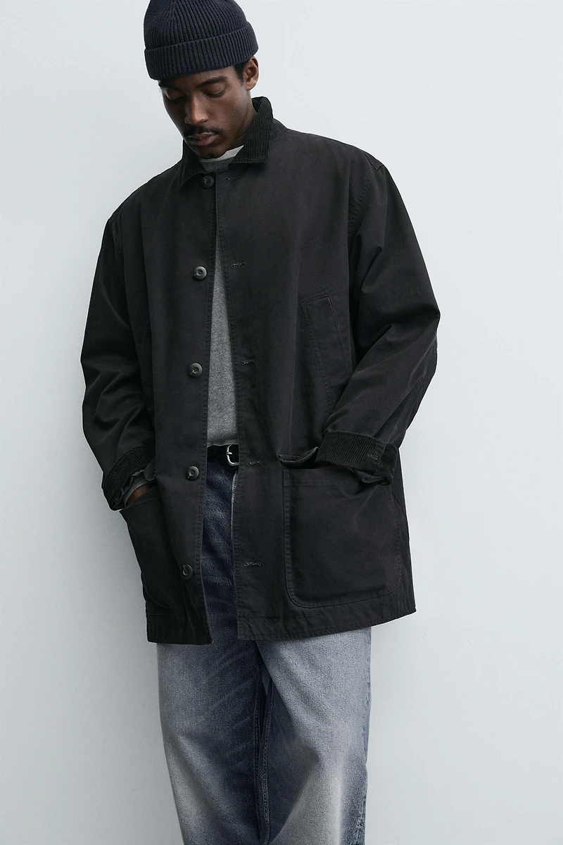DENIM TRENCH COAT WITH CONTRASTING COLLAR