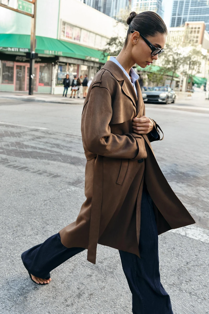 LONG SUEDE EFFECT BELTED TRENCH COAT