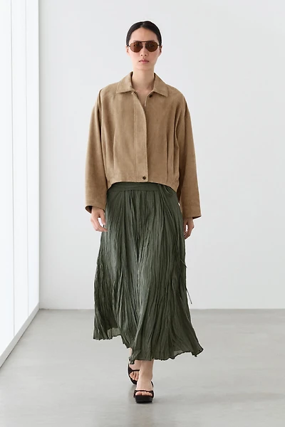 Pleated suede leather bomber jacket