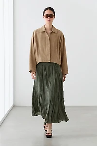 Pleated suede leather bomber jacket