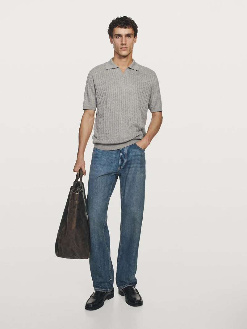 Pull polo en maille tressée lin et coton