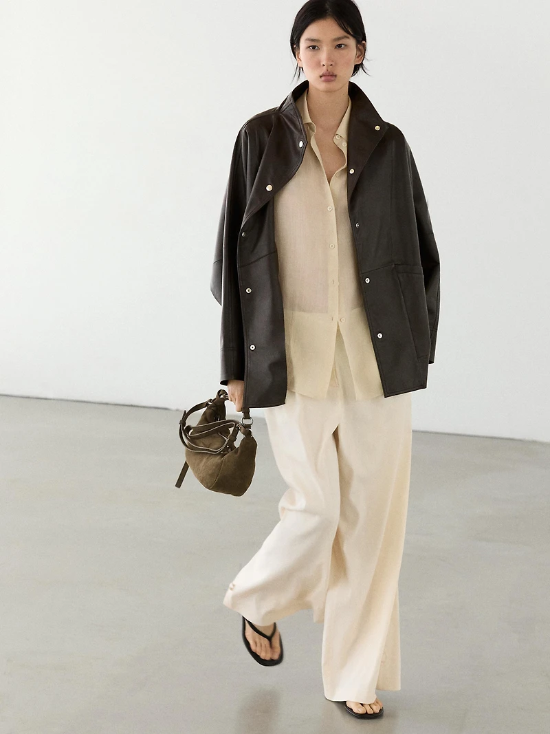 Nappa leather cape parka with pockets