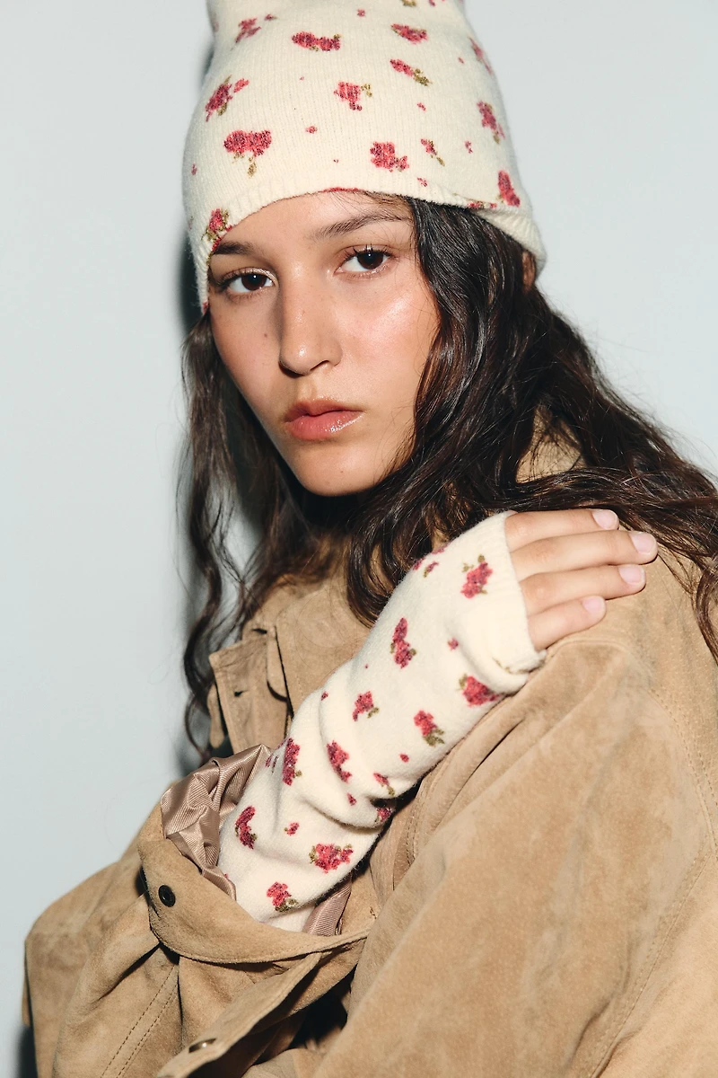 FLORAL PRINT KNITTED GLOVES