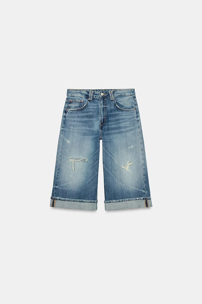 MID-RISE TRF RIPPED DENIM JORTS