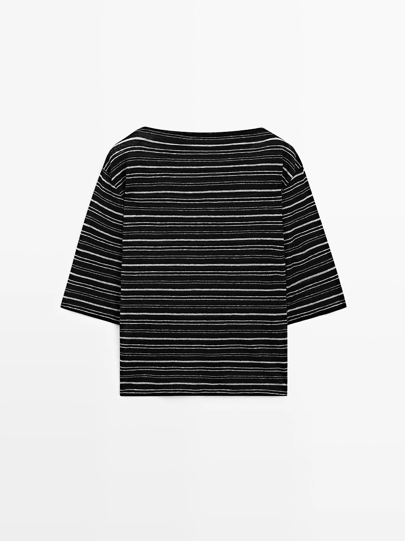 Striped linen 3/4 sleeve knit T-shirt