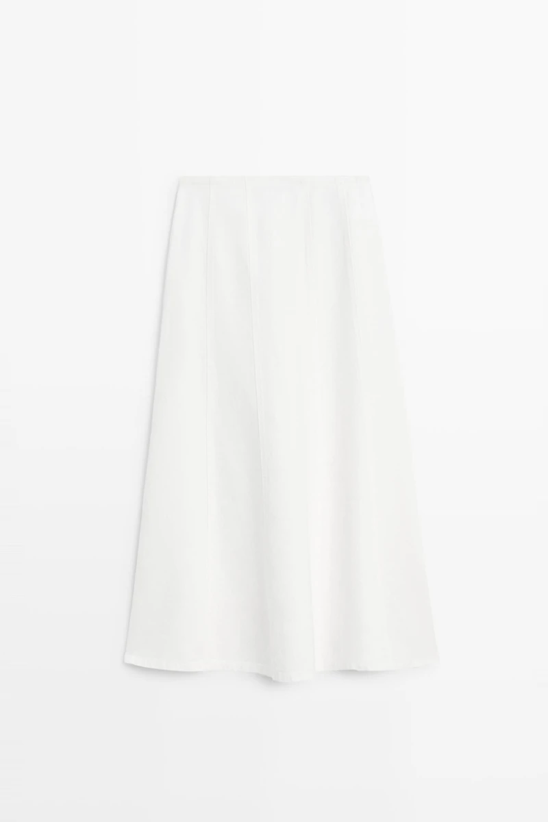 100% linen denim-effect midi skirt