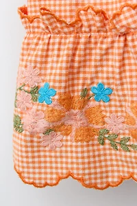 COMBINATION KNIT DRESS WITH EMBROIDERED GINGHAM FLOWERS