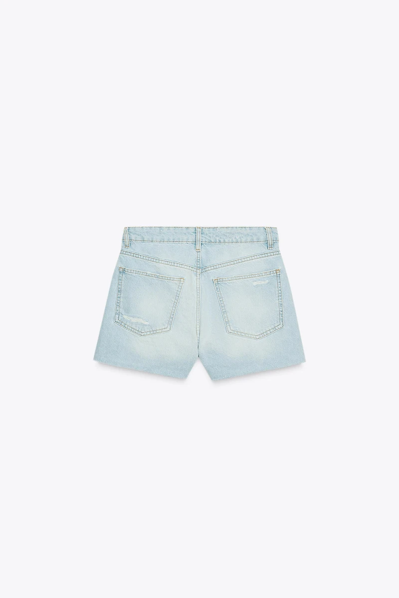 HIGH-WAISTED CROSS-WAIST TRF MOM FIT DENIM SHORTS