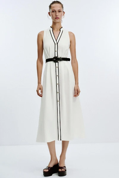 ROBE MIDI LISERÉS CONTRASTANTS CEINTURE