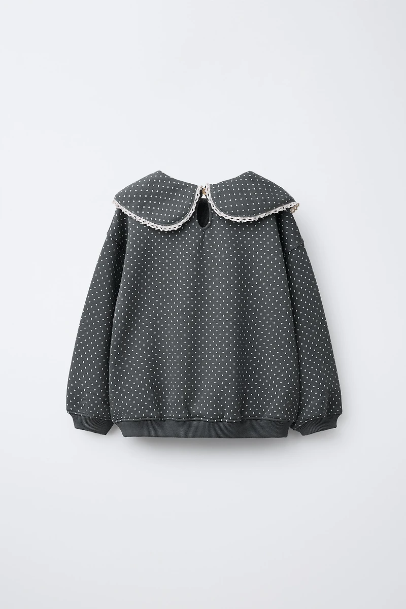 PETER PAN COLLAR LACE TRIM PRINTED SWEATSHIRT