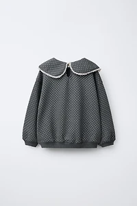 PETER PAN COLLAR LACE TRIM PRINTED SWEATSHIRT