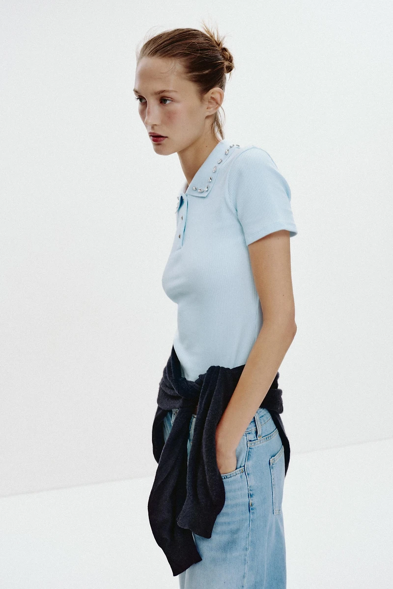 JEWEL COLLAR RIBBED POLO SHIRT