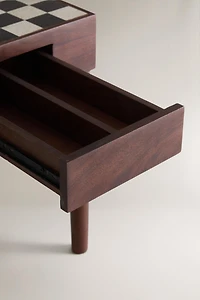 TEAK SIDE TABLE WITH MARBLE CHESS TOP