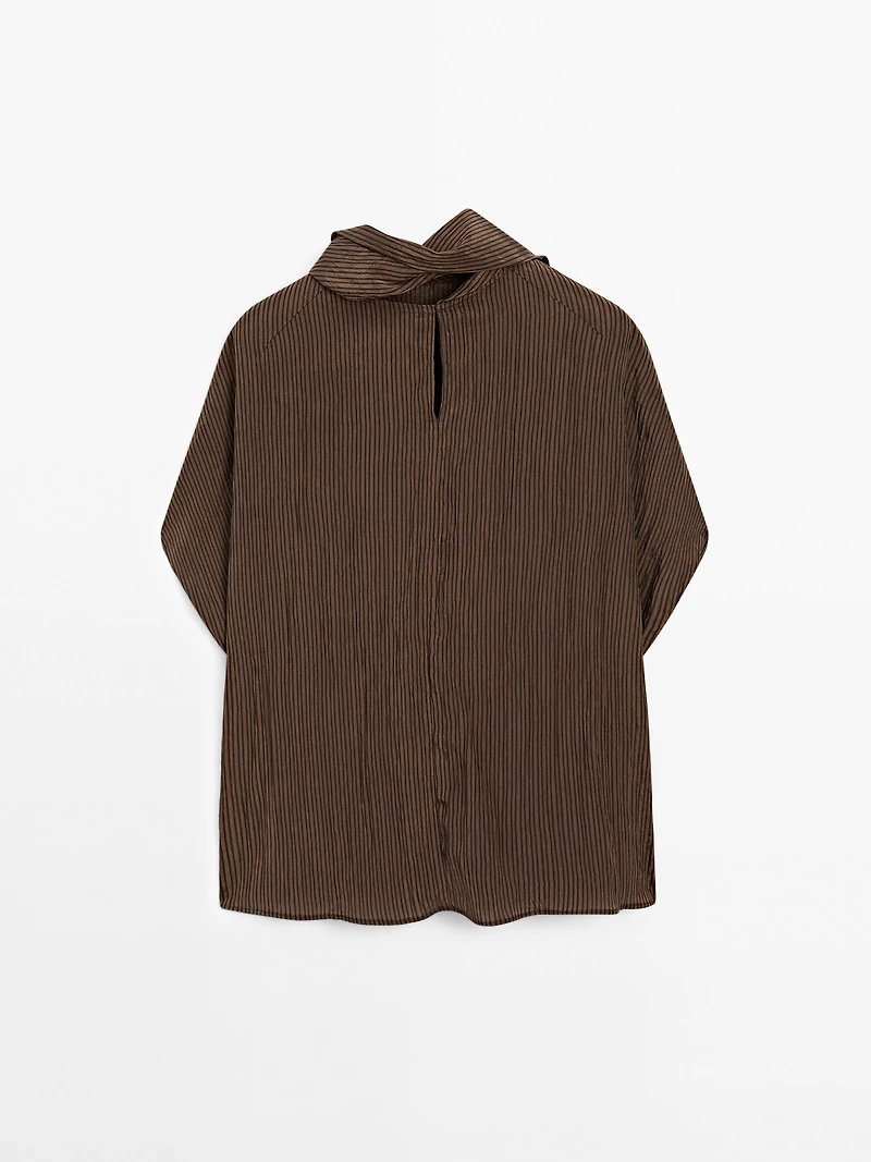 Pinstripe blouse with scarf collar