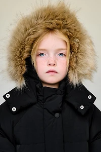 WATER REPELLENT DOWN PUFFER COAT WITH REMOVABLE FAUX FUR HOODIE