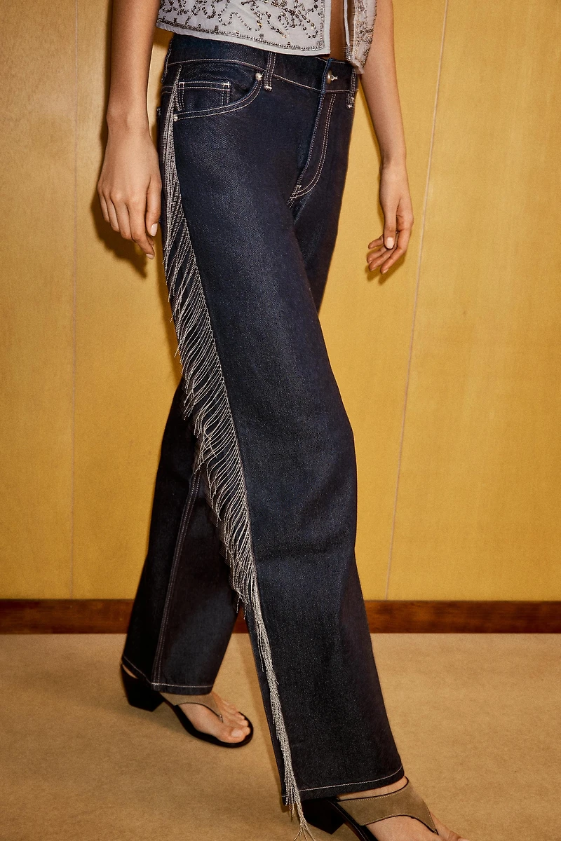 TRF LOW RISE FRINGED STRAIGHT LEG JEANS