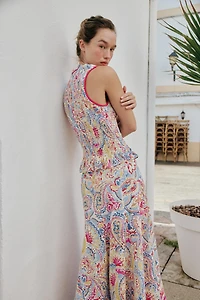 PRINTED EMBROIDERED EYELET MIDI SKIRT