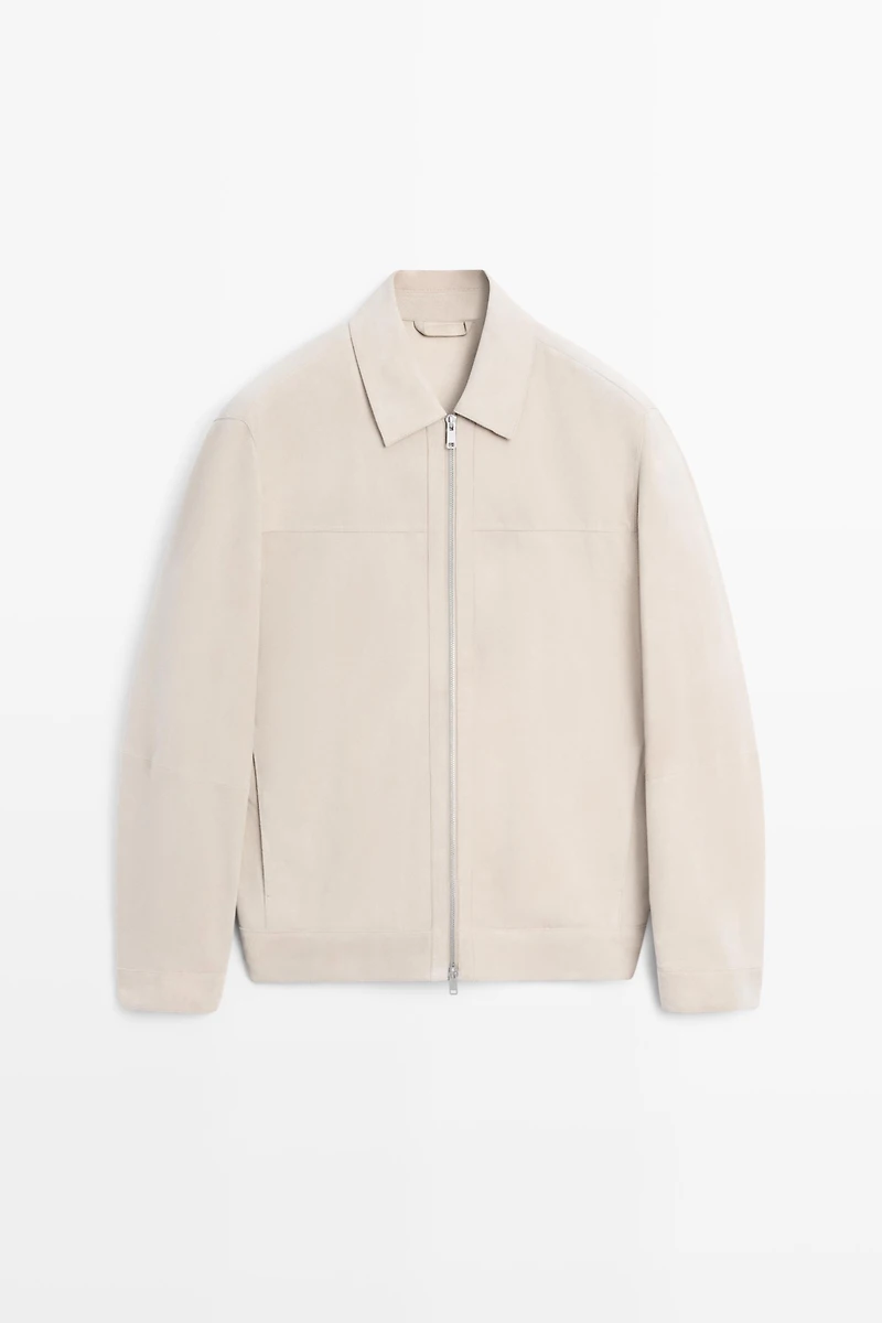 Veste à col en cuir finition daim