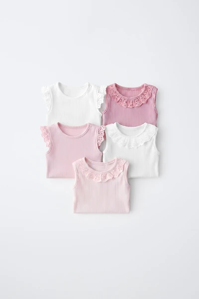 FIVE-PACK SWISS EMBROIDERED SLEEVELESS BODYSUITS