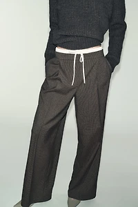 WIDE LEG DOUBLE WAISTBAND HOUNDSTOOTH PANTS