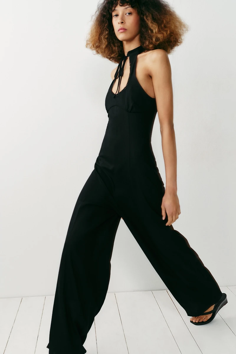 LINEN BLEND WIDE-LEG HALTER JUMPSUIT