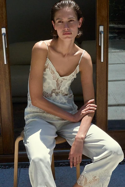 SATIN EFFECT LACE EMBROIDERED PANTS
