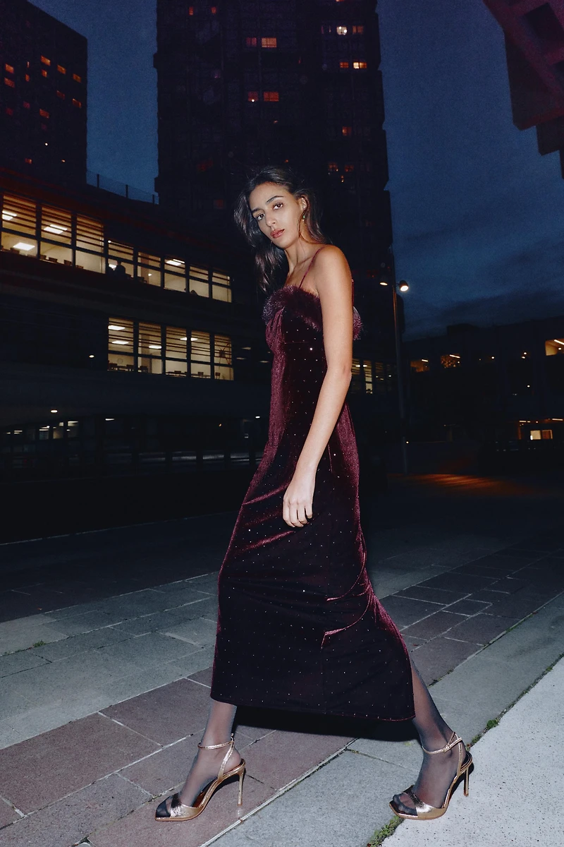 VELVET BEADED FAUX FUR MIDI DRESS