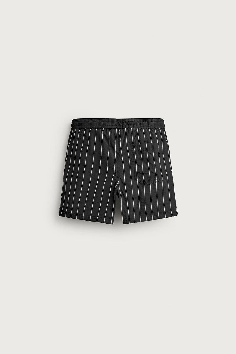 EMBROIDERED STRIPE MID-LENGTH SWIM TRUNKS