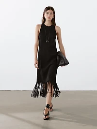 Textured knit dress with fringed hem