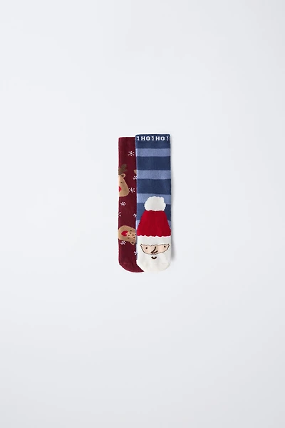 LOT DE DEUX PAIRES CHAUSSETTES ANTIDÉRAPANTES PÈRE NOËL ET RENNES